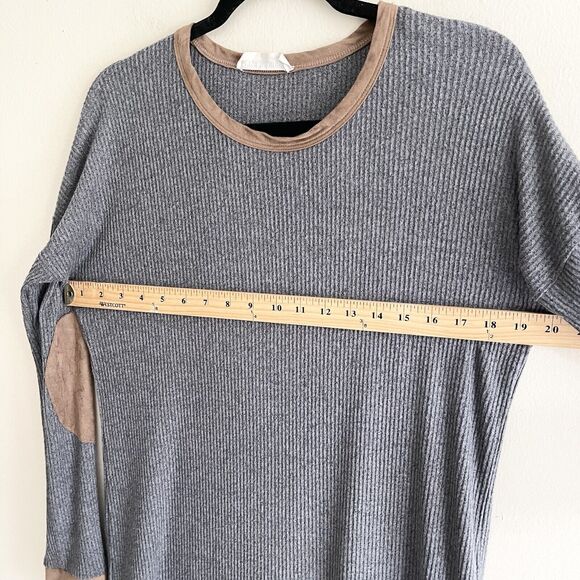 Peach Love Gray Waffle Knit Long Line Shirt S Brown Elbow Patch Soft California - Picture 7 of 10